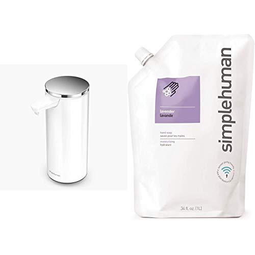 simplehuman 9 oz. Touch-Free Rechargeable Sensor Liquid Soap Dispenser Pump, White Stainless Steel & Lavender Moisturizing Liquid Hand Soap Refill Pouch, 34 Fl. Oz