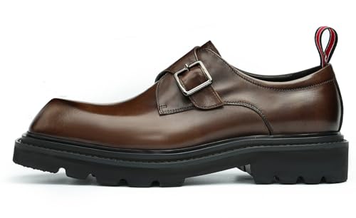 Santimon Men's Genuine Leather Monk Strap Loafers Slip-On Shoes - Single Buckle Square-Toe Mocassins with Lug Rubber Sole for Formal Business Dress Prom Wedding2