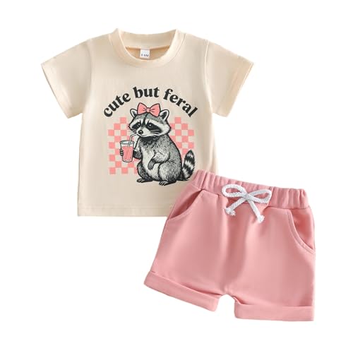 Polinkety Toddler Baby Girl Summer Outfit Cute But Feral Raccoon Short Sleeve T Shirt Top Shorts Set Infant Newborn Clothes (Color Apricot 2-3T)
