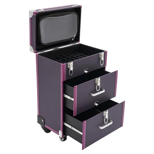 YUNLAIGOTOP Makeup Train Case, Trolley Case Nail Polish Organizer, 3-Tier Rolling Makeup with 4 Wheels, Nail Polish Organizer, Jewelry Travel Cosmetic Train Case for Barber Store/Beauty Salon (Purple)