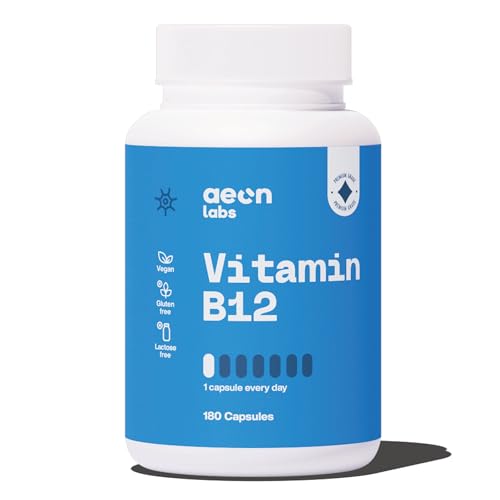 AEON LABS Vitamine B12 1000 µg - 180 Capsules - Contribue à Améliorer l'Énergie, l'Immunité et la Fatigue - Dose Journalière (6 mois) - Vegan - Sans Sucre, Lactose ni Gluten - Testé en Laboratoire