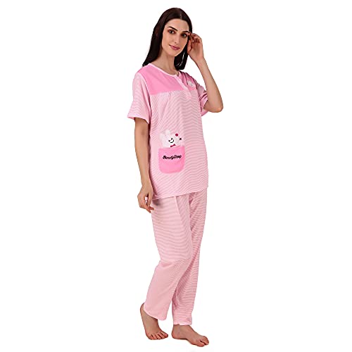Image of Miley Premium Night Suit Set for Women with Top & Pyjama Set, Night Suits for Women Stylish, Cute Cotton Beauty Sleep Printed Sleep Wear with Small Bunny Pockets.