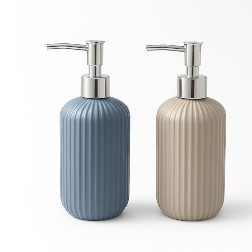 Image of LAGET 300ml Soap Dispenser for Wash Basin -Ribbed Design | Kitchen and Bathroom Accessories Items | Liquid Handwash Dispenser Bottle Chrome Finsih Top- Set of 2 (Metallic Blue and Grey)