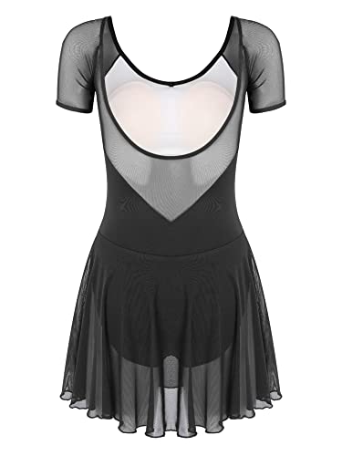 Foto von iEFiEL Damen Ballettkleid Kurzarm Ballettanzug Patchwork Ballettkleidung Basic Tanzkleid Rückenfrei Ballett Trikot Wickelrock Schwarz M