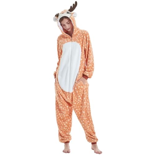 PaWuKi Unisex Adult Cosplay Animal Onesie Halloween Costume Christmas One Piece Pajamas Sleepwear for Women Men Deer M Orange