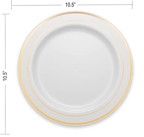 BloominGoods Gold Rimmed Plastic Dinner Plates (100 Pack) 10.25" Inch Heavyweight White Weddings Parties and Events Plates with Real China Look | Disposable or Reusable - Thumbnail 3