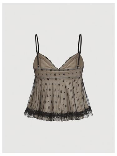 SOLY HUX Women's Y2k Lace Mesh Cami Tops V Neck Spaghetti Strap Ruffle Hem Peplum Camisole Tops2