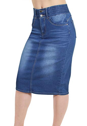 Fashion2Love Women's Juniors/Plus Butt Lifting Pencil Denim Midi Skirt with Elastic Waist
