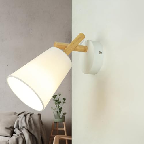 Licht-Erlebnisse Wandlampe Stoff Holz in Natur Weiß Schlafzimmer Esszimmer H:28 cm E27 blendarm Modern Skandinavische Wandleuchte Wohnzimmer VAIO