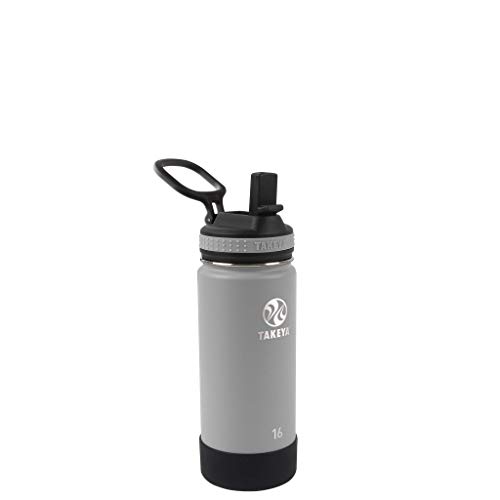 Image of Takeya Actives Kids Water Bottle 16 oz Stainless Steel Double Wall Insulation BPA-Free Leakproof Straw Lid Easy Carry Handle Reusable Ideal for Boys and Girls, School, Sports - Platinum / Onyx