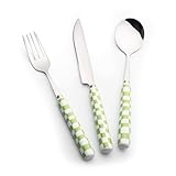 Koythin 3-Piece Cutlery Set, Stainless Steel Flatware Sets with Green Checkerboard Pattern Ceramic Handle, Utensils including Knife Fork Spoon (Green)