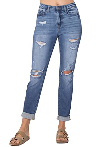 Judy Blue Cuffed Distressed Boyfriend Jeans! Your New Fun Jeans! (Style: 88404) (7) Blue