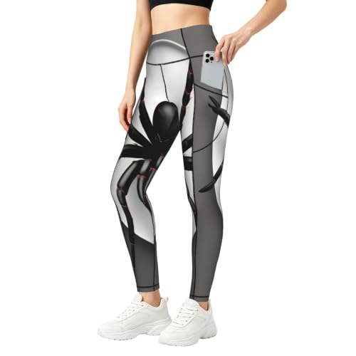Pantalones de yoga para mujer con estampado de araña negra y bolsillos prácticos
