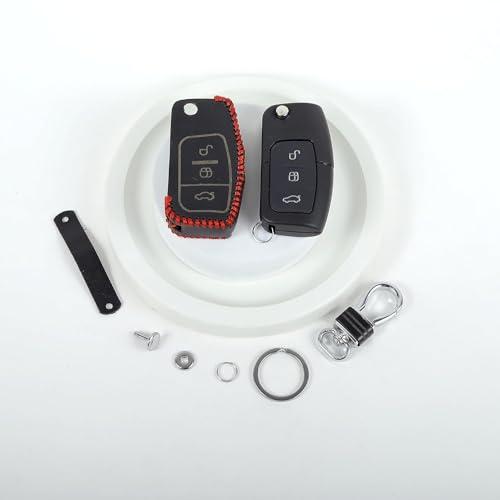 Image of Leather Smart Car Key Cover Case with Key Chain for Ford Fiesta Figo (Black)