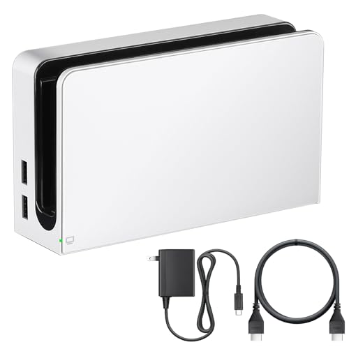 TV Dock Station with Ethernet LAN Port - 3 in 1 Replacement Switch and OLED TV Base Docking Set with Upgraded IC Module Charger HDMI Cable Accessories - Not for Switch 2 (White)