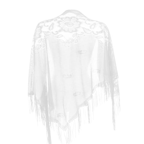 White Lace Shawls Wraps Triangle Scarf with Fringe, Mesh Fringe Shaw for Evening Dresses, Women Soft Lace Scarf with Tassels for Evening Party Dress, Mesh Floral Wedding Shawls