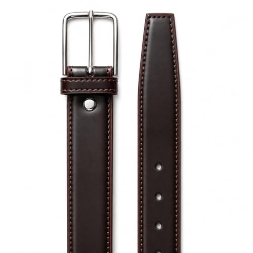 Image of Men's Leather Belt, Black, Silver-Tone Buckle, Stitched Edges, Formal Dress Style