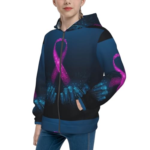 Pink Ribbon Awareness Kid Hoodies Boys Zip Up Sweatshirts Girls Pullover with Pocket