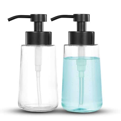 Doiliese Soap Dispenser, Clear Glass Soap Dispenser with Rust Proof Pump, 17oz Liquid Soap Dispenser with Waterproof Labels, Dish & Hand Soap Dispenser for Bathroom, Kitchen, Matte Black, Pack of 2