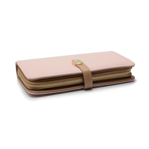 2R Women's Lychee Cowhide Wallet with Multiple Card Slots and Zipper Compartment, Long Style, Pink4