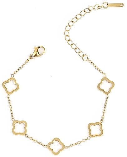 18K Gold Plated Four Leaf Clover Link Bracelet for Women. Trendy Lucky Hollow Clover Women's Gold Jewelry Gift. Best Bracelet for Stack.