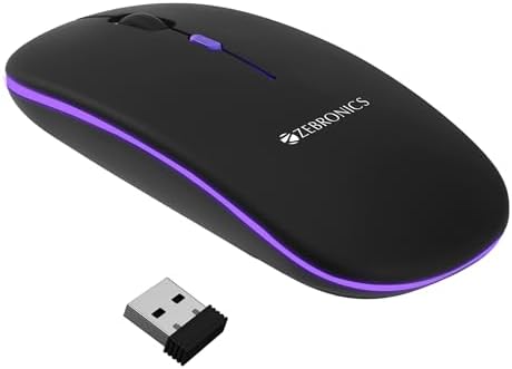 ZEBRONICS Blanc Slim Wireless Mouse with Rechargeable Battery, BT + 2.4GHz, 4 Buttons, 800/1200/1600 DPI, Silent Operation, Multicolor LED Lights