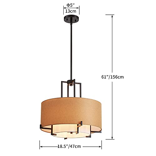 Saint Mossi Modern Chandelier Drum Chandelier Light Fixure, Pendant Light For Dining Room With 4-Light, Brown Fabric Lampshade & Matte Black Metal Frame #TOP2