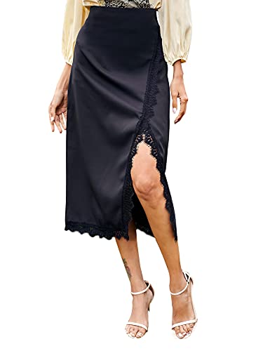 LYANER Women s Elegant Satin Silky Wrap Front Lace Trim Side Split Slit Midi Skirt Black Medium