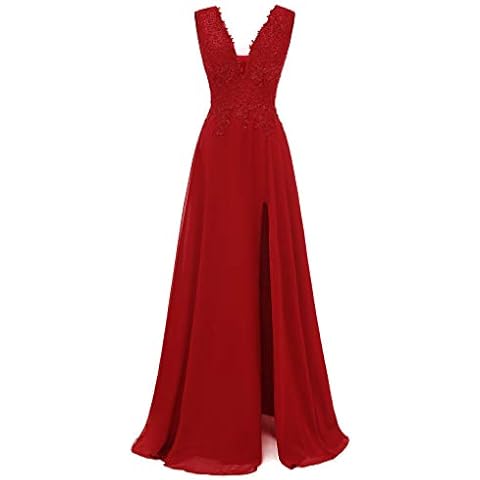 Yexinbridal V Neck Bridesmaid Dress Long Lace Chiffon High Slit Prom Gown Evening Dress Red 18Plus Cover
