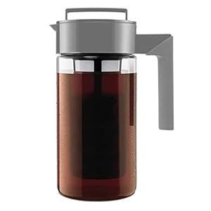 Takeya Patented Deluxe Cold Brew Coffee Maker with Grey Lid Airtight Pitcher, 1 Quart, Stone