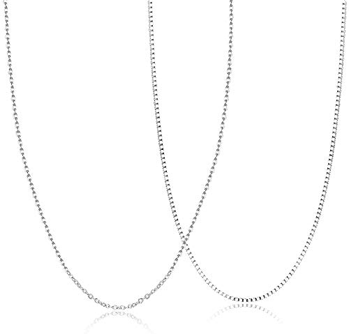 Sllaiss 2Pcs 925 Sterling Silver 1MM Box Chain Necklace For Women Men Cable Chain Necklace 18 Inch