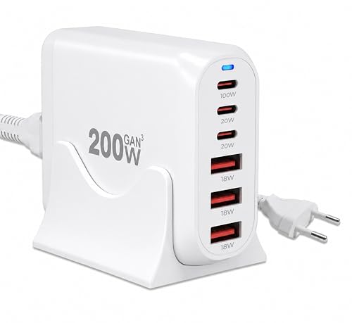Image of MX 200W USB C Charging Station,GaN III 6-Port Fast Charging USB C Charger Hub,PD 100W Laptop Charging Adapter Compatible with MacBook Pro /Air,DELL,Steam Deck,iPhone 16 /15 /14,Galaxy S23 /22