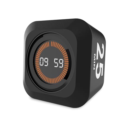 Rotating Cube Visual Timer 5, 25, 10, 50 Min Preset + Custom Countdown, Rechargeable Desk Productivity Flip Timer w/Silicone Case, Silent Mode, Ideal for ADHD Tool Study Work Kitchen School (Black)