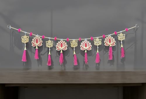 Image of iHandikart Decorative Toran for Door, Handmade Lotus Bandhanwar with Pink Tassels & Beads, Traditional Indian Door Hanging for Diwali, Wedding & Home Decoration Size (40 Inch)