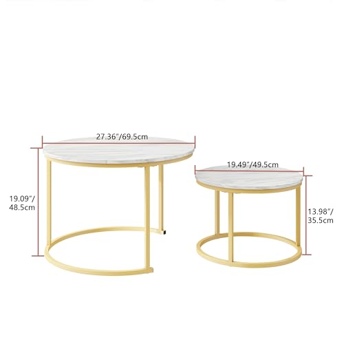 HOJINLINERO Runder Couchtisch, 2er-Set, Beistelltisch, Couchtisch für Wohnzimmer, Couchtisch aus Holz mit Stauraum und goldfarbenem Metallrahmen, modernes Beistellsofa, Tee-Beistelltisch, Wohnzimmer – Bild 3