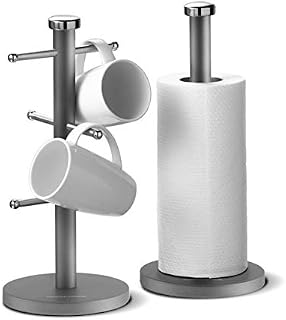 Morphy Richards 974030 Accents Kitchen Roll Holder and Mug Tree Set, Stainless Steel, Titanium, 15 x 15 x 34.5 cm