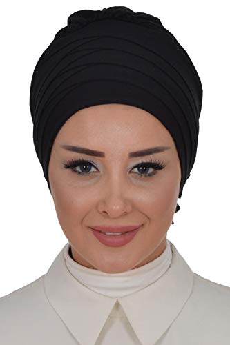 Instant Turban Cotton Scarf Head Wrap With Crosswise Combed Style Black