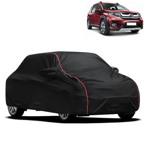 Image of Waterproof Car Cover for Honda BRV | All-Weather Protection, Dustproof & UV Resistant | Triple Stitched Mirror Pockets, Windproof Buckle Strap with Elastic Hem, Black-Red Piping
