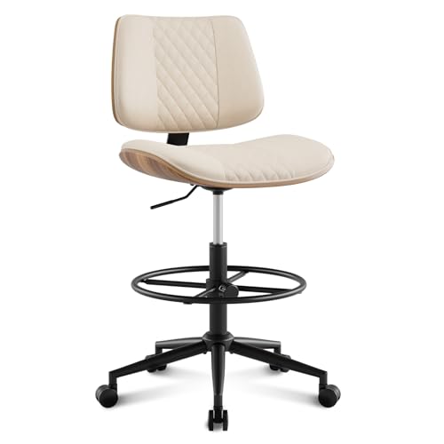 Image of Drafting Chair with Adjustable Footrest, Armless Modern Tall Office Chair for Standing Desk, PU Leather Swivel Stool in Curved Bentwood Style, Ergonomic Rolling Walnut Chair for Office(Beige)