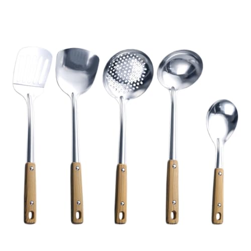 Cuillères Cuisine Acier Inoxydable Set de 5 | Ustensiles de cuisine en bois pour table et maison