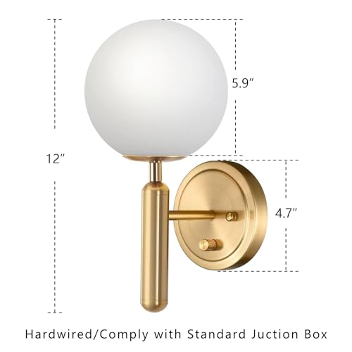 Image of Dimmable Wall Sconces with Knob Switch Hardwired Bathroom Wall Light Set of Two Decor Indoor Glass Globe Shade Gold Mid Century Modern Wall Lamp for Bedside Bedroom Living Room