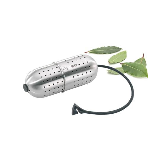 GEFU Gewürzsieb GUSTO zum Mitkochen - Sieb aus rostfreiem Edelstahl und Silikon-Kette für Tee,...