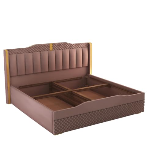 Image of Modern Upholstered Queen Size Bed with Storage | Double Bed with Box Storage & Upholstery Premium Fabric Headboard | Platform Bed for Bedroom & Hotel | Sheesham Wood | Onion Pink, 6.5 x 5 Ft