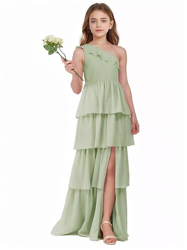 Tiered Ruffles Junior Bridesmaid Dresses One Shoulder Summer Chiffon Flower Girl Dress Slit Girls Wedding Party Gown4