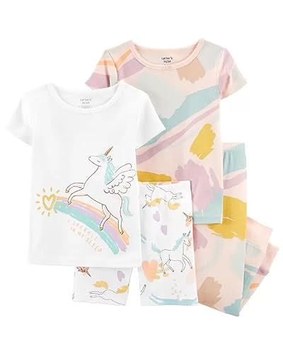 Carter's Toddler Girl's 4 Piece Cotton Pajama Set (Unicorn/Sparkle in Sleep, 3T)