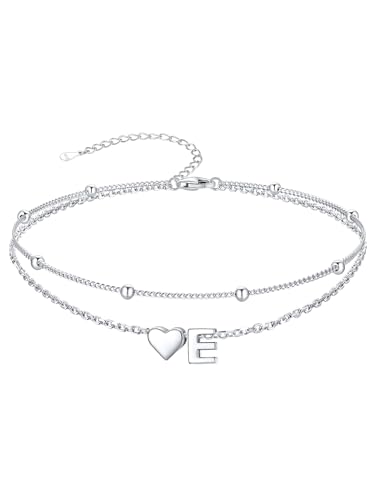 Image of SILVERCUTE Silver Anklets for Women, Waterproof Initial Heart Ankle Bracelets Sterling Silver, Adjustable Layered Foot Jewelry Summer Beach Fashion with Personalized Name Design, Gift Package