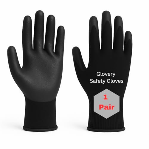 Image of Nylon Safety Work Gloves with Nitrile Coating - Industrial-Grade Protection for Cleaning, Warehouse, Mechanics, Construction - Durable, Flexible, Non-Slip Grip (Black, 1 Pair)