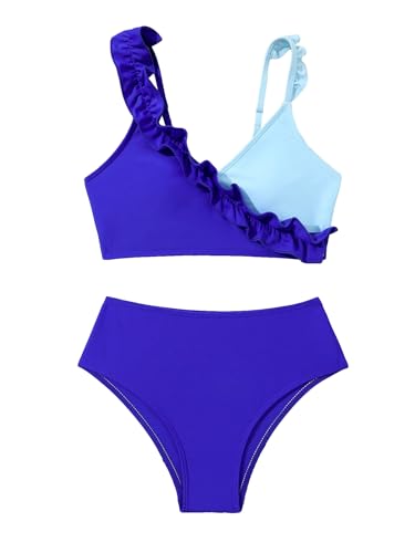 WDIRARA Girl's 2 Piece Colorblock Ruffle Hem Swimwear Set Frill Trim Swimsuit Set Summer Bathing Suit