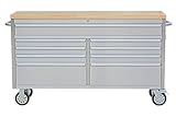 61 inch Rolling Tool Chest, Garage Workbench with 9 Drawers, Solid Rubber Wood Top & with Wheels Lock Key Locking, Mobile Workstation Tool Cabinet for Workshop Storage
