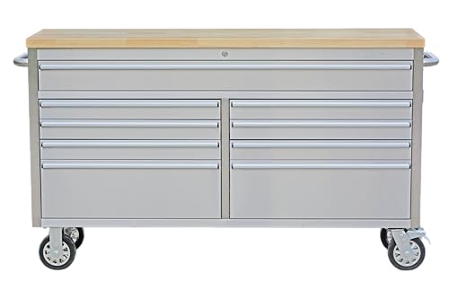 61 inch Rolling Tool Chest, Garage Workbench with 9 Drawers, Solid Rubber Wood Top & with Wheels Lock Key Locking, Mobile Workstation Tool Cabinet for Workshop Storage